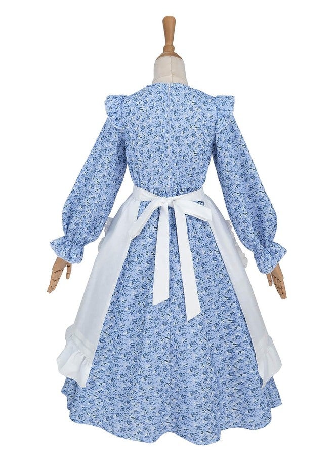 Nuoqi Colonial Dress Girls Pioneer Prairie Dress Laura Ingalls Wilder Costume with Apron Blue, 6-7 - Image 3